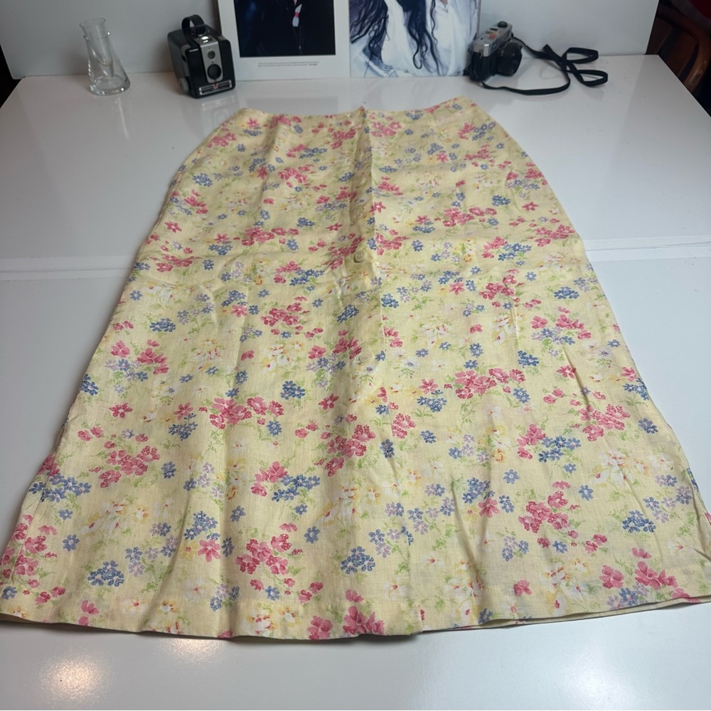 90s Linen Floral Midi Skirt | Liz Claiborne Coastal Garden A-Line - Picture 2 of 9